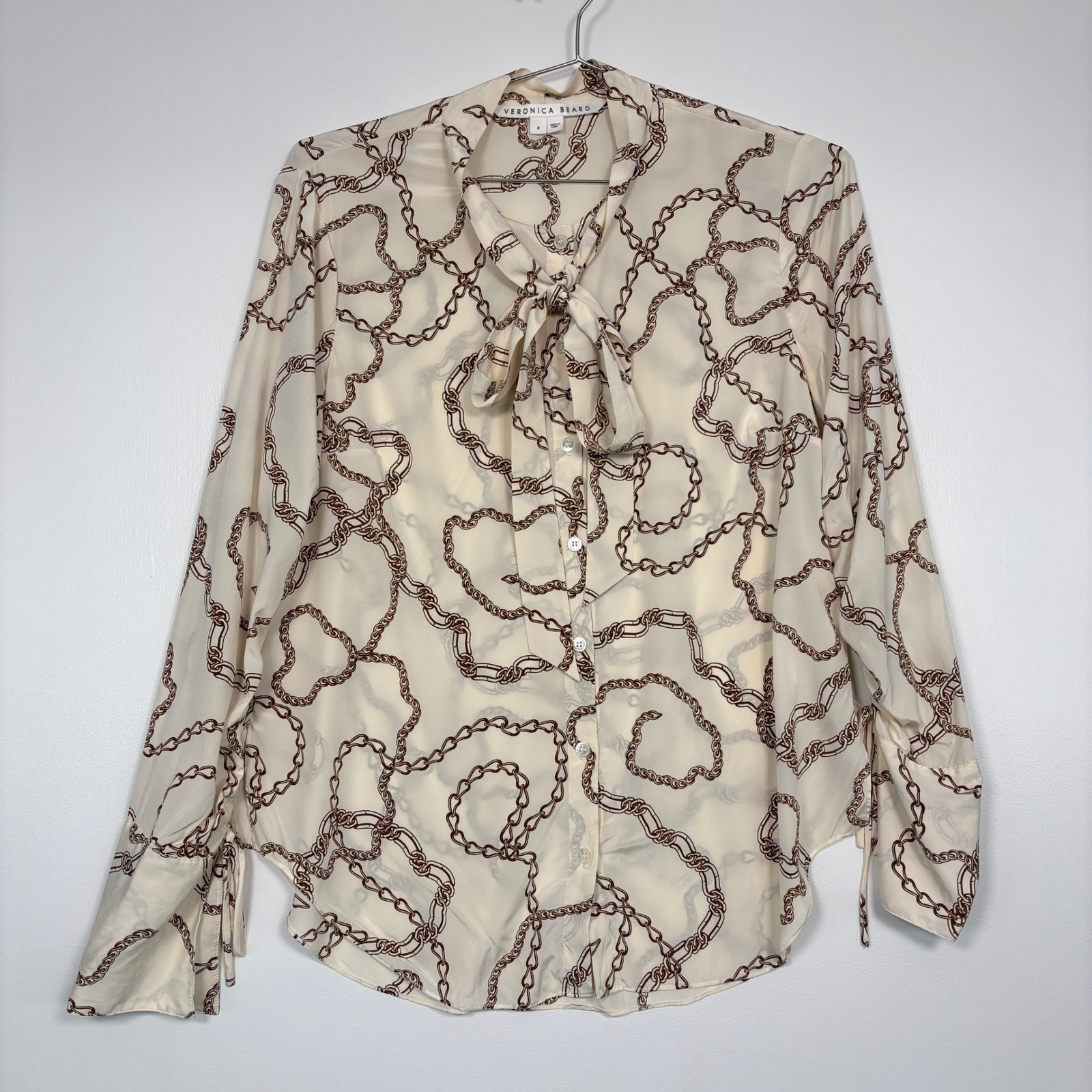 Veronica Beard Women Blouse 8 Cream Brown Chain Print Silk Tie Neck Button Up
